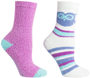 2 Pair Pack Grey/Blue Chenille Owl Slipper Socks