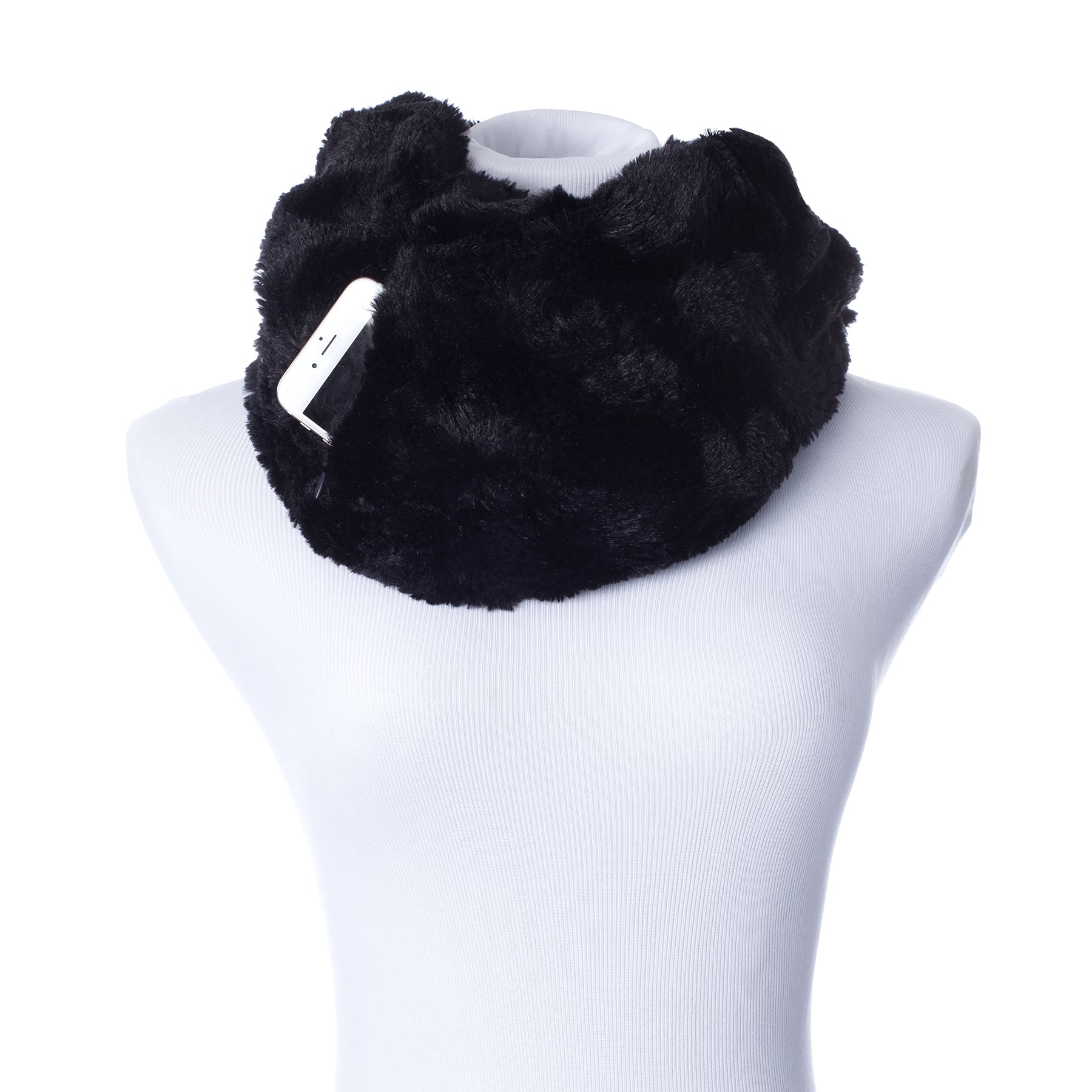 Black Ultra Soft & Silky Faux Fur Infinity Scarf With Hidden Pocket