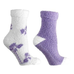 2 Pair Pack Women's Chenille Slipper Socks Lavender Infused Non-slip Fuzzy and Warm Bows Lavender Kissables By MinxNY