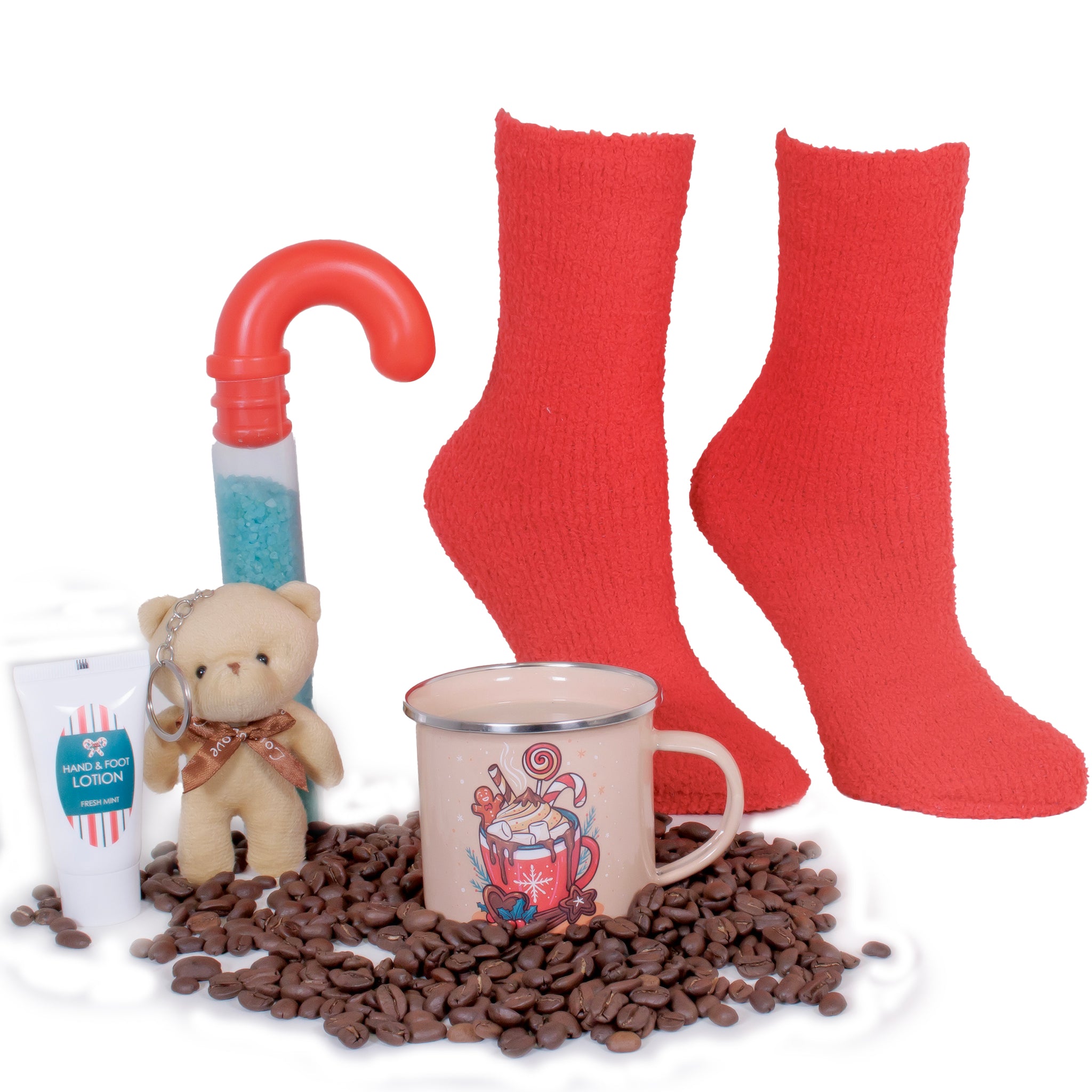 Holiday Campfire Mug Gift Box: Cozy Life Set (Mint Scented) with Bath Salts, Body Lotion, Slipper Socks and Ornament