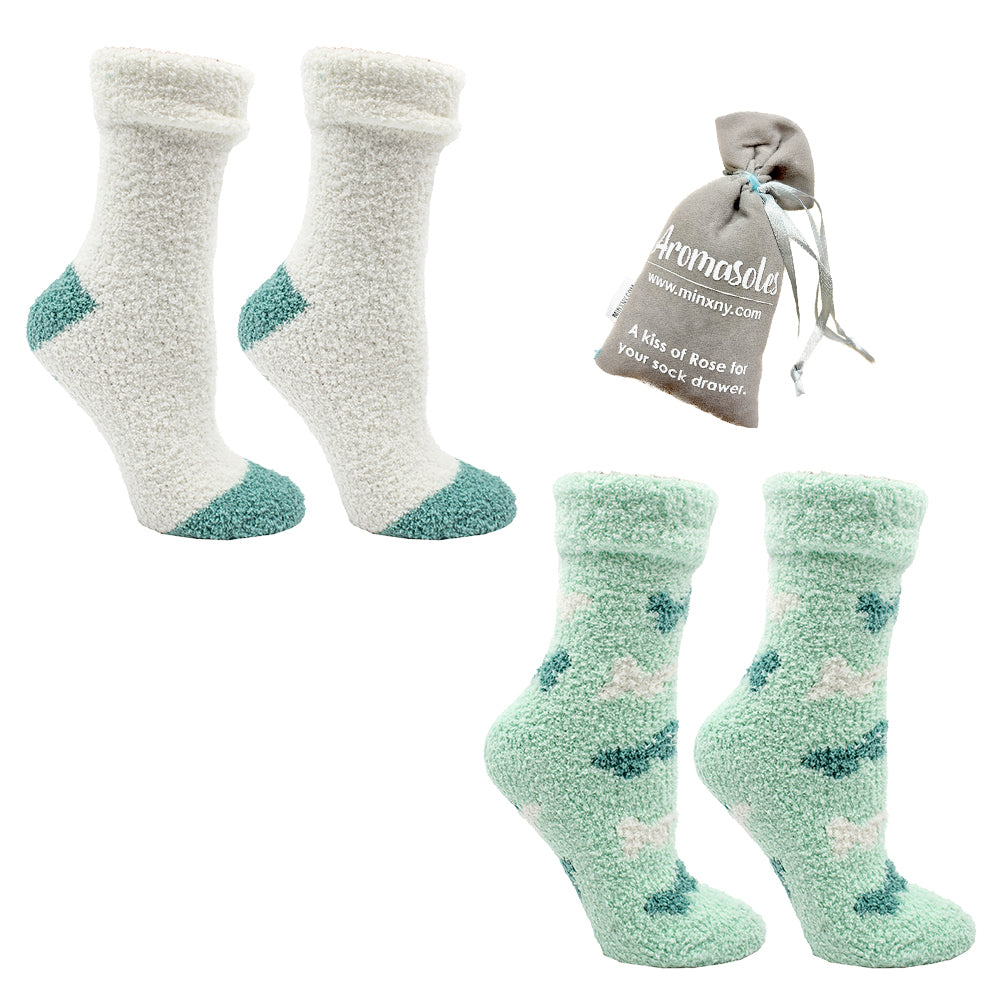 2 Pairs - Non-Skid Soft Fuzzy Rose and Shea Butter Infused Slipper Socks with Sachet Gift