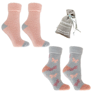 2 Pairs Butterflies Socks Infused with Rose and Shea Butter | One Solid Pair, One Patterned, with a Rose Scented Velvet Sachet | Peach Pearl
