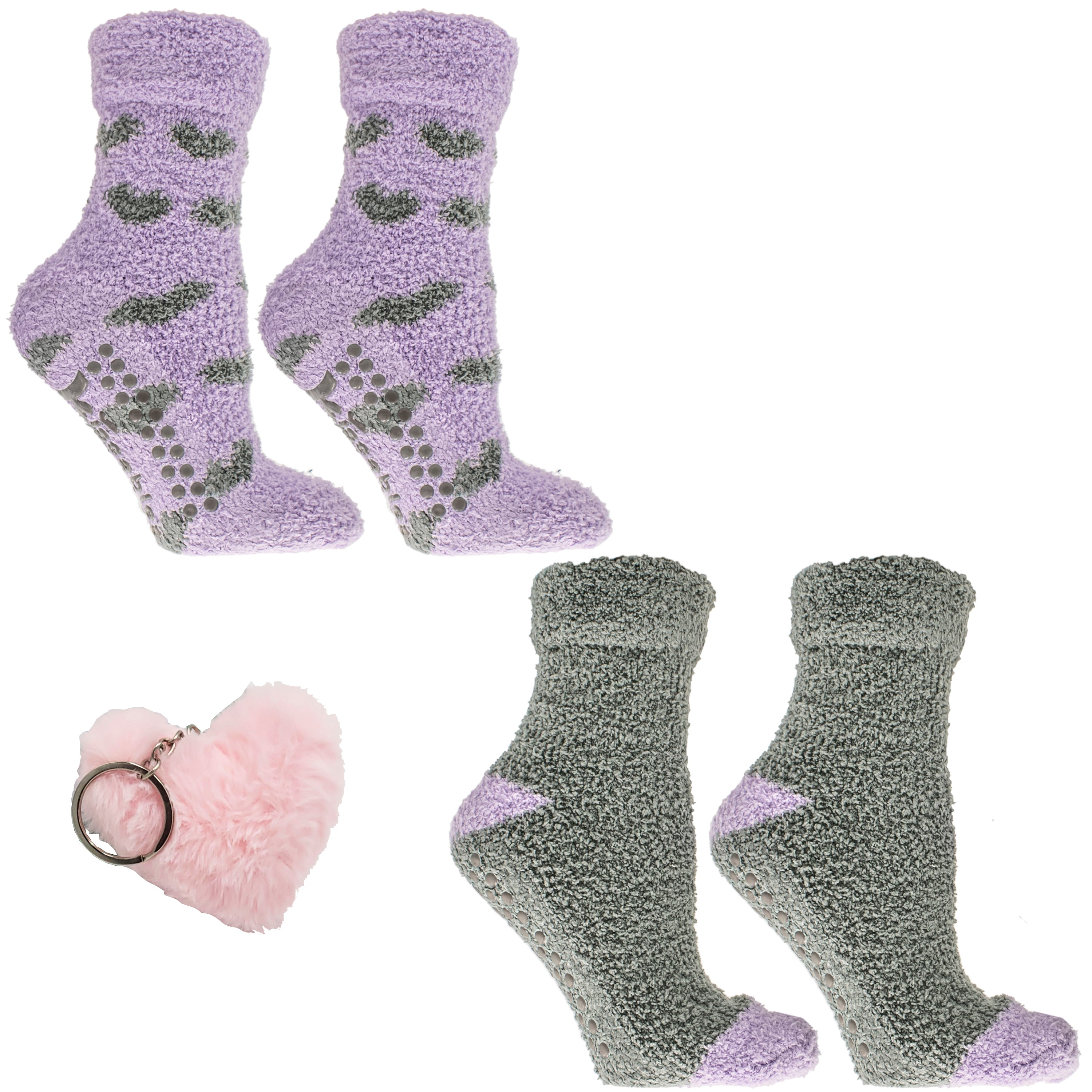 2 Pairs - Non-Skid Chenille Fuzzy Lavender Infused Slipper Socks with Lavender Sachet