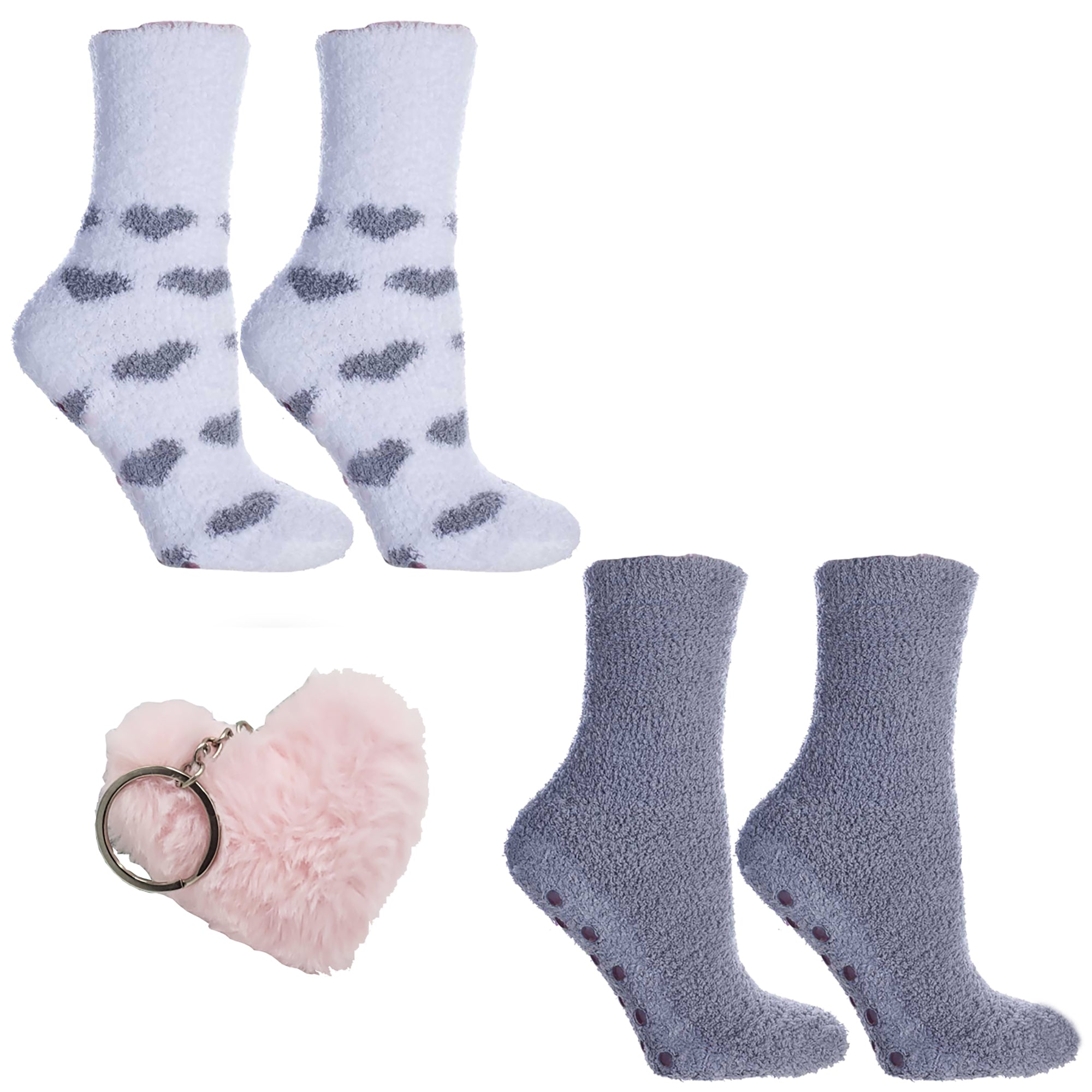 2 Pairs Cozy Chenille Socks [One with Hearts, One Solid] | Lavender & Shea Butter Infused | Cassis & Marshmallow Hearts
