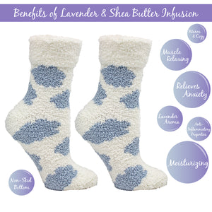 3 Pairs Fluffy Cloud Lavender & Shea Butter Infused Socks with Non-Skid Bottoms | Bonus Lavender Scented Velvet Sachet | Cassis & Marshmallow