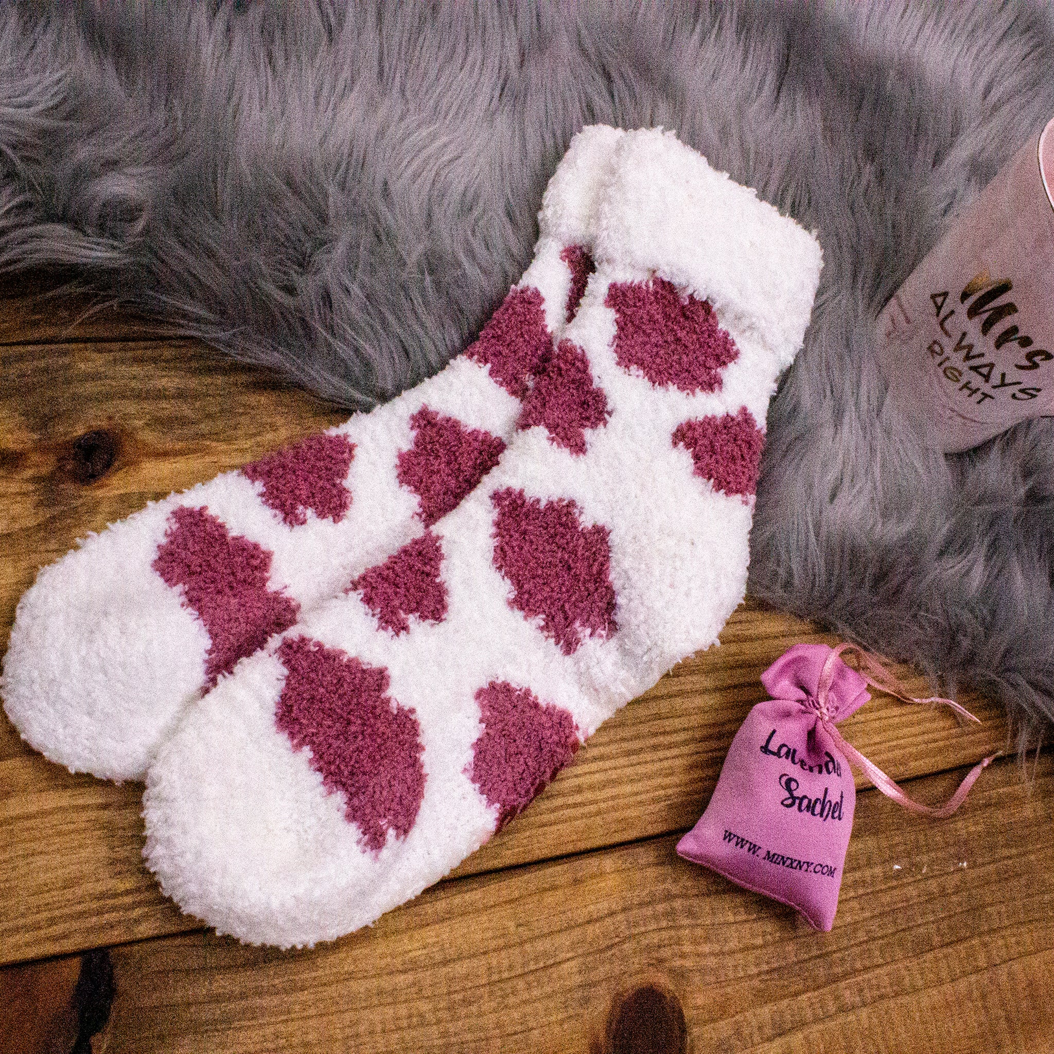 3 Pairs Fluffy Cloud Lavender & Shea Butter Infused Socks with Non-Skid Bottoms | Bonus Lavender Scented Velvet Sachet | Cassis & Marshmallow