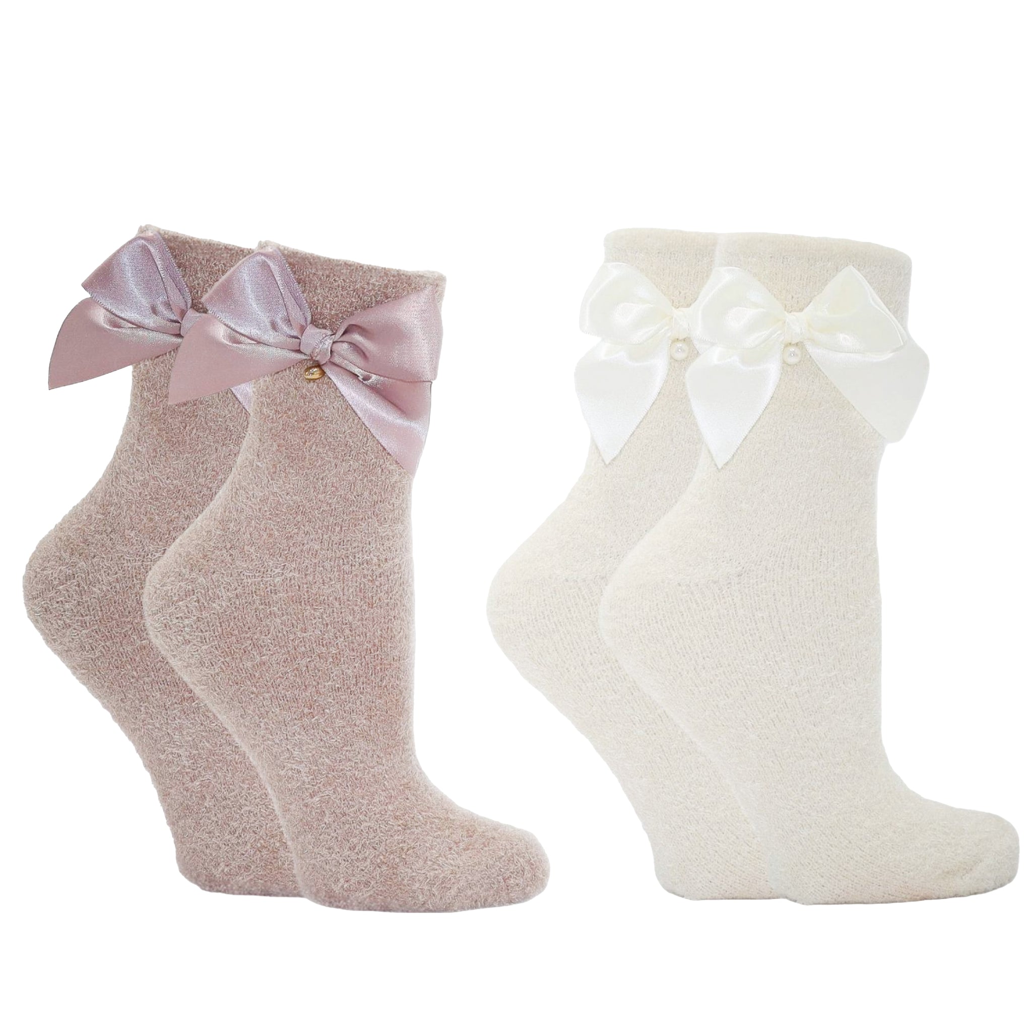 2 Pack - Bow Beautiful Slipper Socks with Rose and Shea Butter Infusion | White & Pink