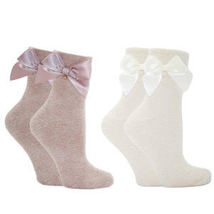 2 Pack - Bow Beautiful Slipper Socks with Rose and Shea Butter Infusion | White & Pink