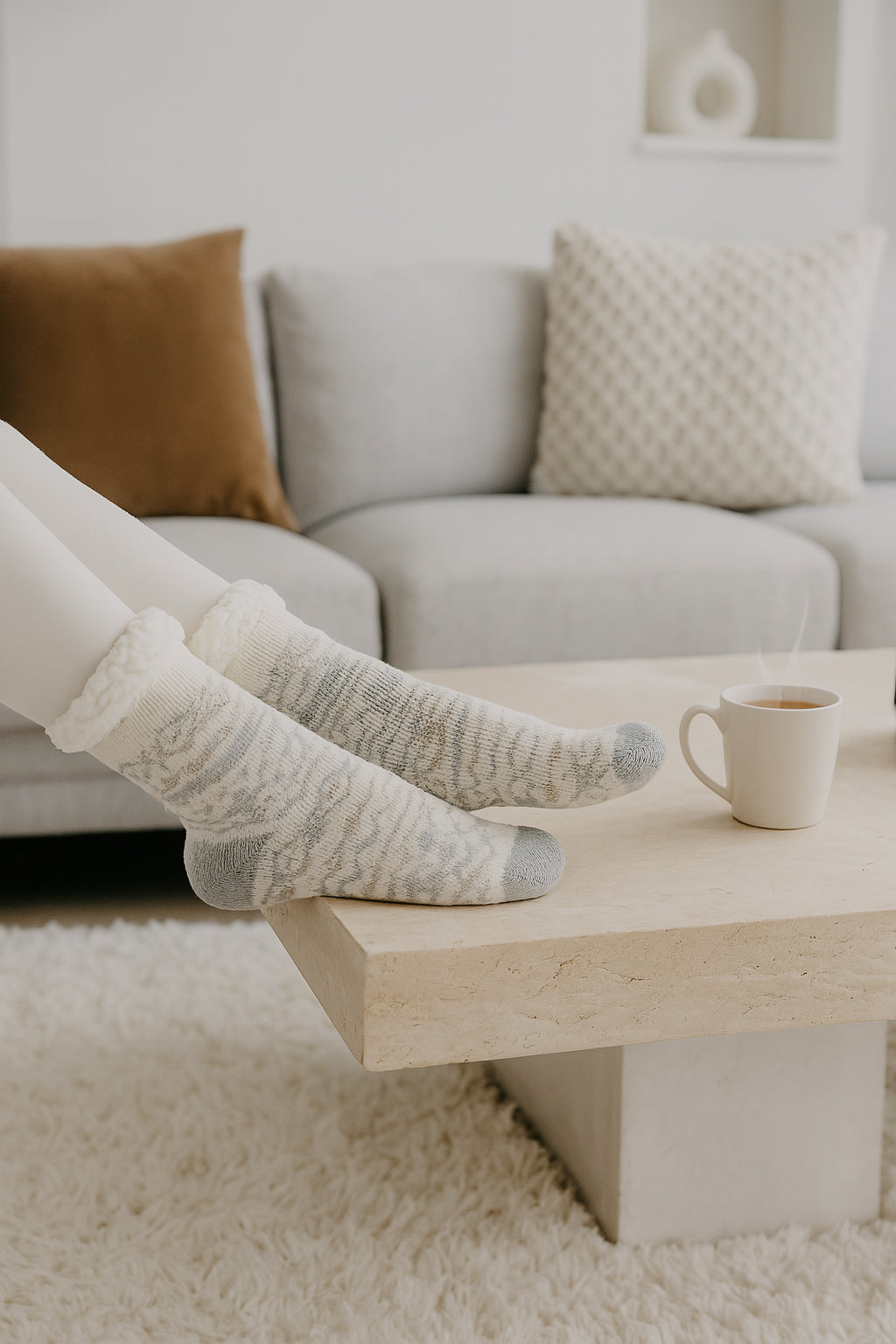 Vanilla Scented Nordic Knit Slipper Socks with Tan Teddy Bear Keychain – Sherpa Lined Cozy Non-Slip Socks & Aromatherapy Gift Set for Women & Teens