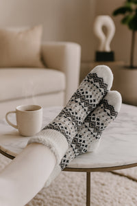 Vanilla Scented Fair Isle Slipper Socks with Plush Tan Teddy Bear Keychain – Sherpa Lined Cozy Non-Slip Socks & Aromatherapy Gift Set for Women & Teens