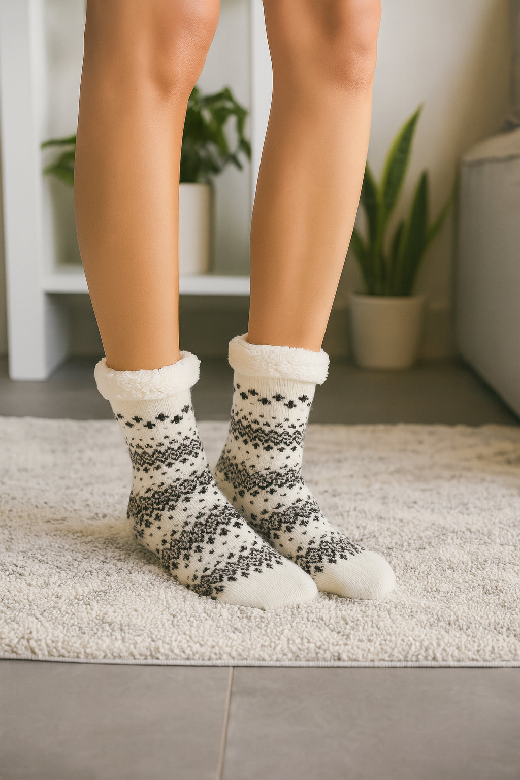Vanilla Scented Fair Isle Slipper Socks with Plush Tan Teddy Bear Keychain – Sherpa Lined Cozy Non-Slip Socks & Aromatherapy Gift Set for Women & Teens