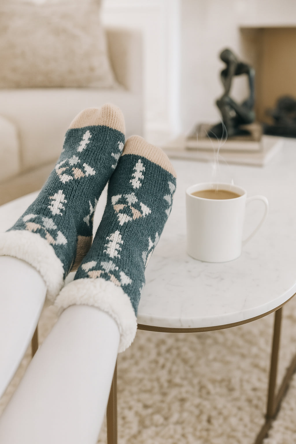 Vanilla Scented Teal Knit Slipper Socks with Plush Tan Teddy Bear Keychain – Sherpa Li