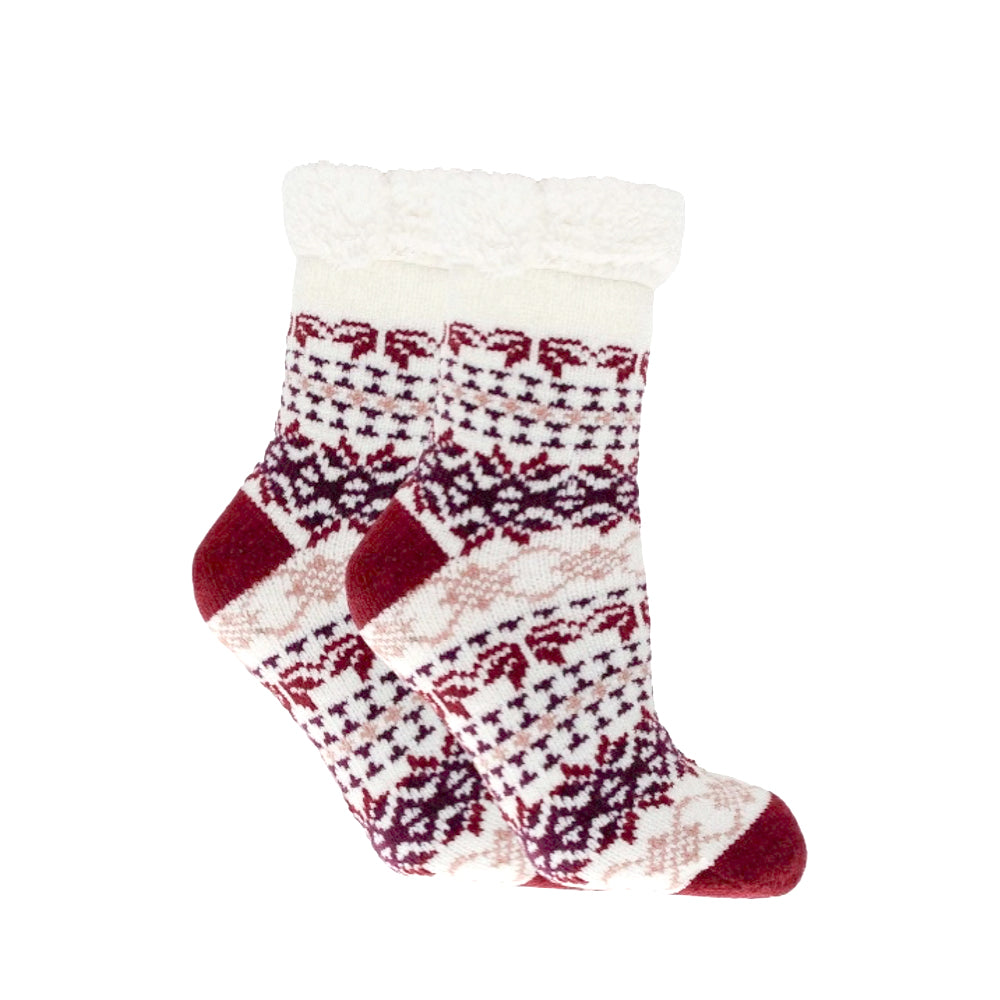 Lavender Scented Red & Cream Winter Knit Slipper Sock with Plush Cloud Keychain – Sherpa Lined Cozy Non-Slip Sock & Aromatherapy Gift for Women & Teens