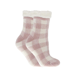 Lavender Infused Pink Buffalo Plaid Slipper Socks – Cozy Sherpa-Lined Fuzzy Socks with Non-Slip Bottoms for Women & Girls