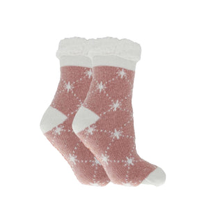 Lavender Infused Pink Argyle Snowflake Slipper Socks – Cozy Sherpa Lined Non-Skid Socks for Women & Girls