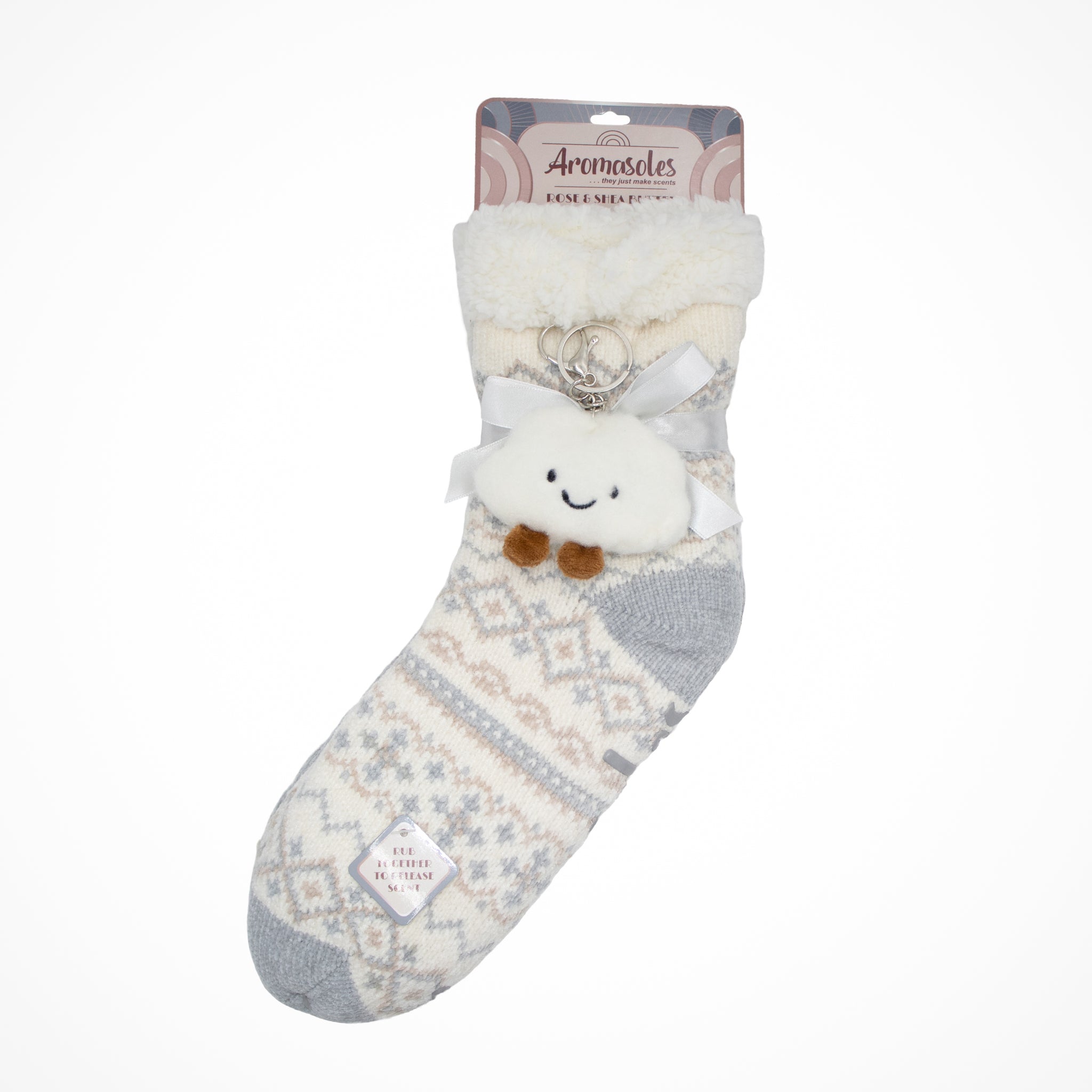 2-Pack Rose Scented Slipper Socks with Cloud Keychain – Plush Gray & Patterned Non-Skid Cozy Socks Gift Set for Women