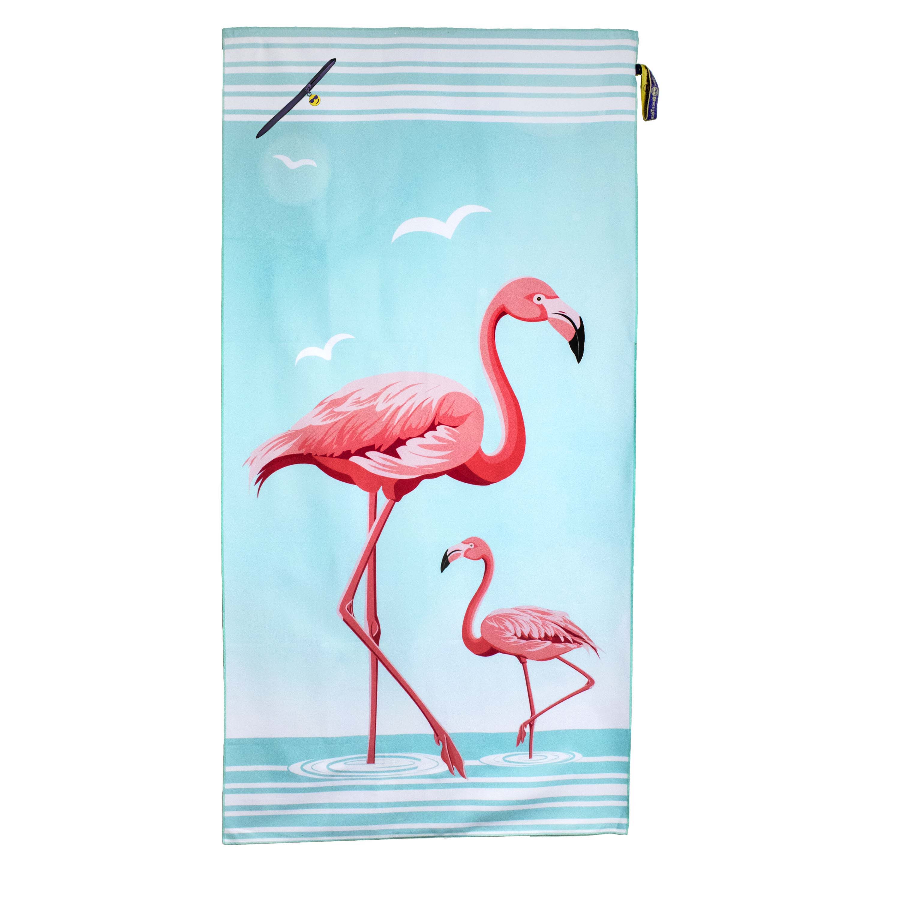 Premium, Compact Large Beach Towel With Pocket- Pink Flamingo