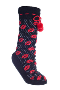 Altos Red Lips Non-Skid Fuzzy Size Large Slipper Socks With Pom Poms