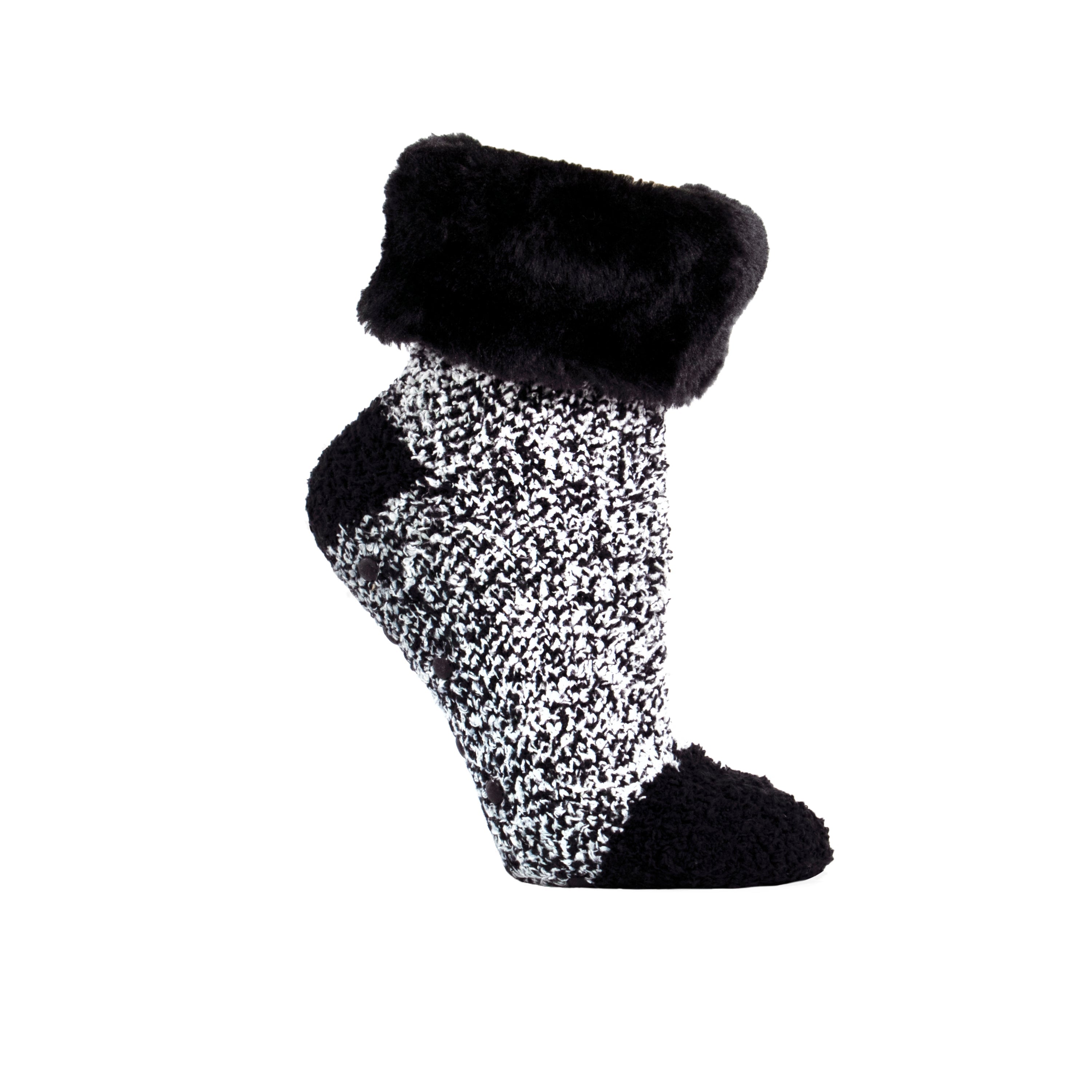 Non-Skid Fur Cuff Chenille Slipper Socks Fuzzy Heather Black One Size Fits All By MinxNY
