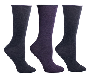 2 Grey & 1 Purple - 3 Pair Pack Roll Top Crew Socks