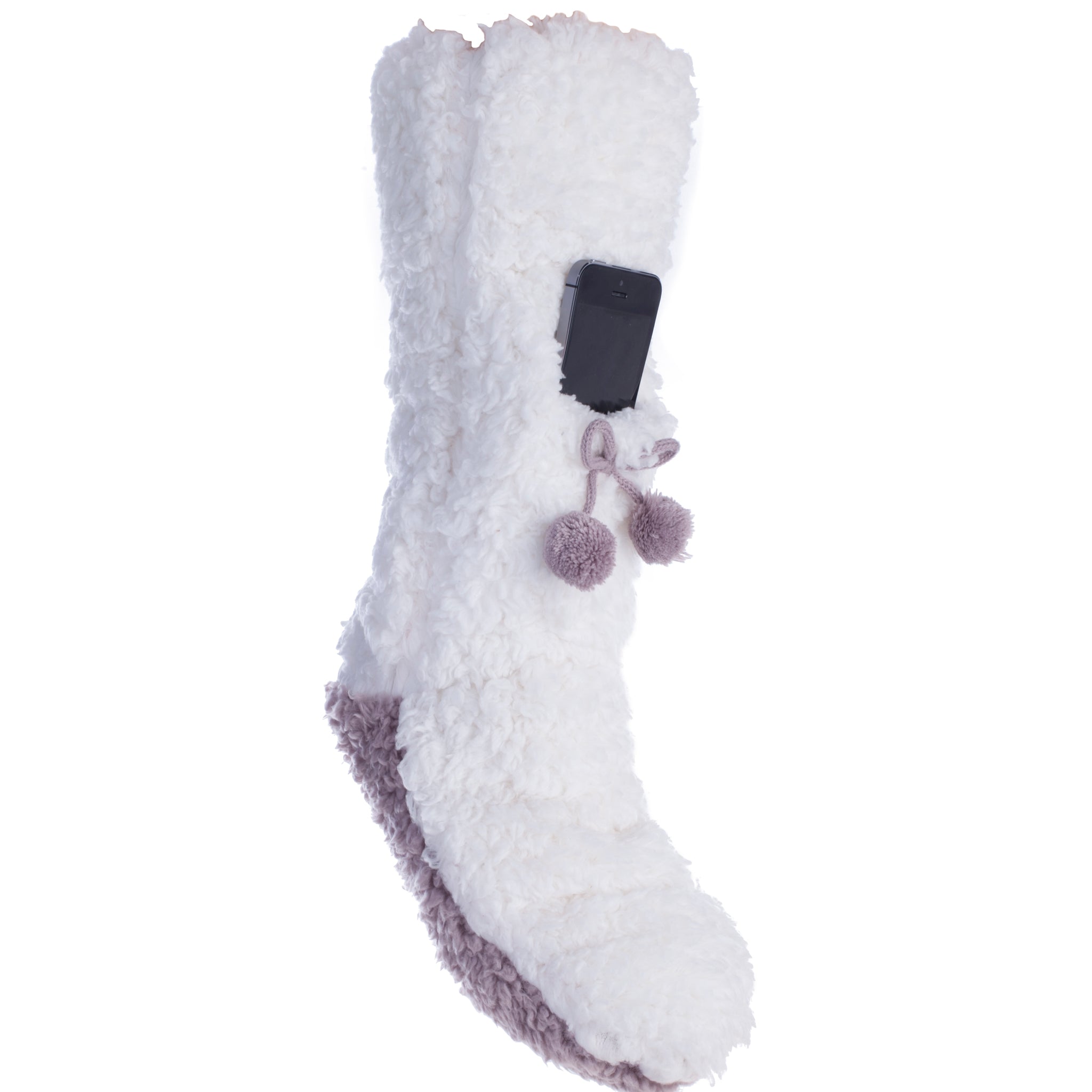 Lavender Infused Cream Size Large Fuzzy Slipper Sock With Cell Phone Pocket