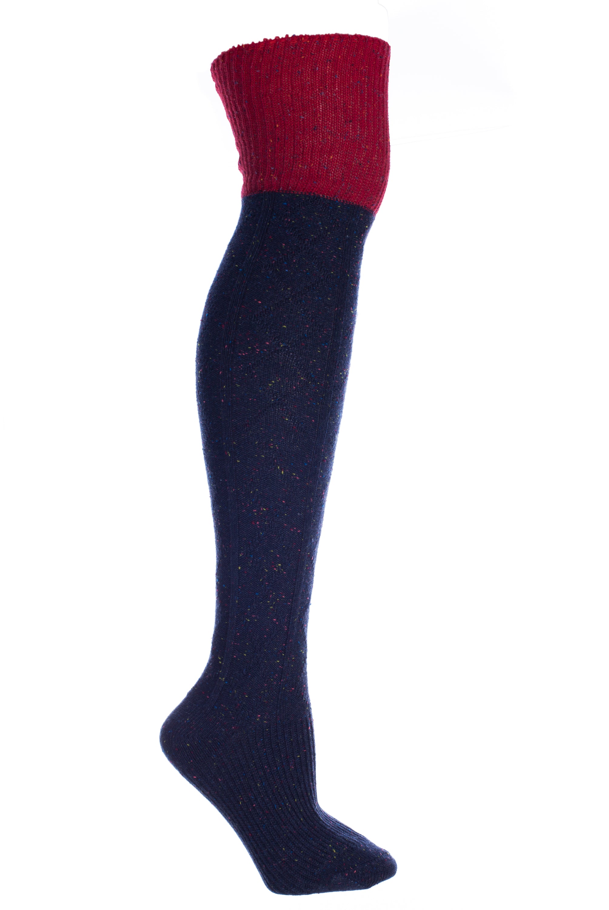 Navy Wool Speckled Knee High Boot Socks With Red Welt