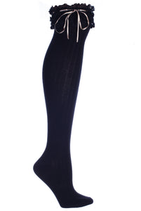 Black Ribbed Knee High Boot Socks With Lace & Ribbon