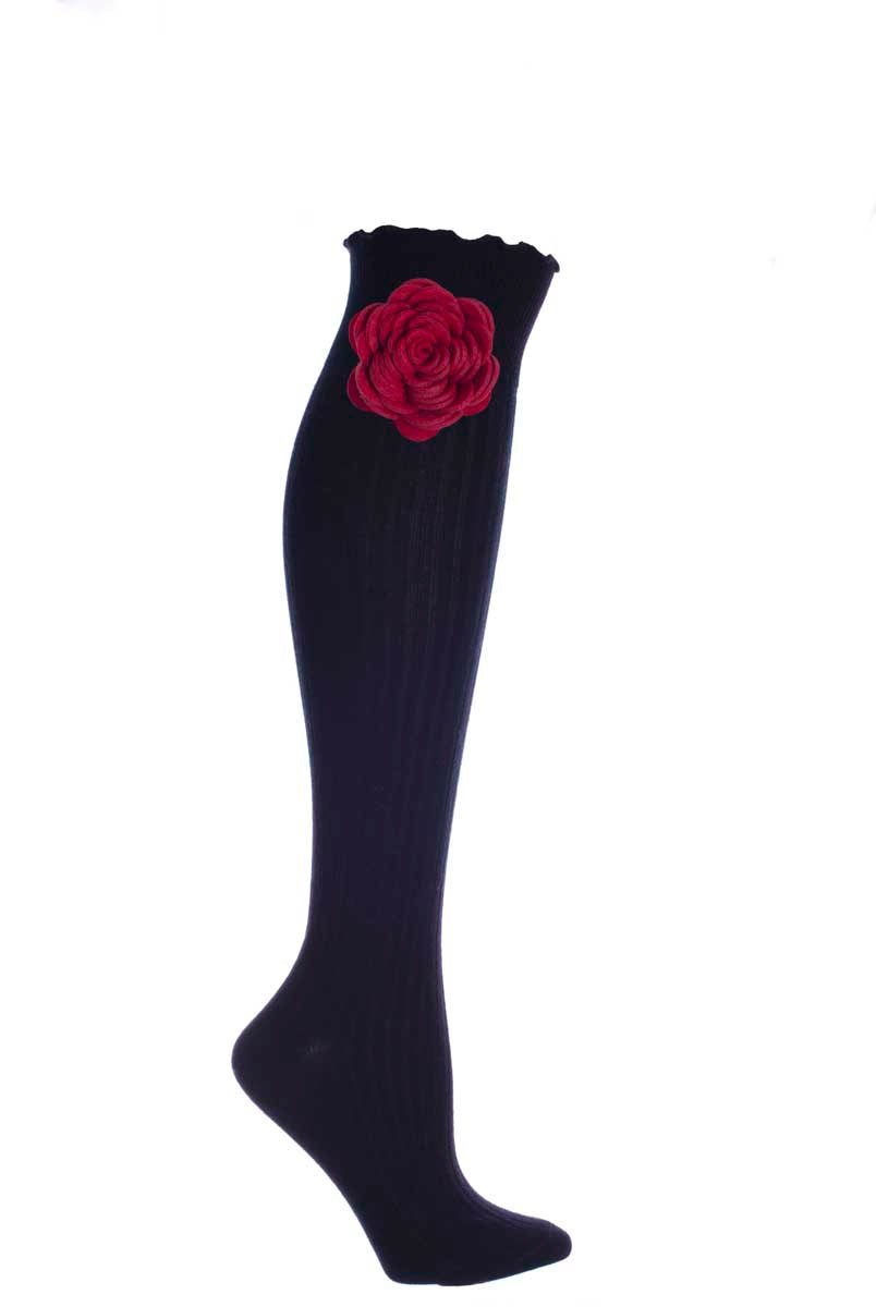 Black Ribbed Knee High Boot Socks With Burgundy Snap-On Bow Tie