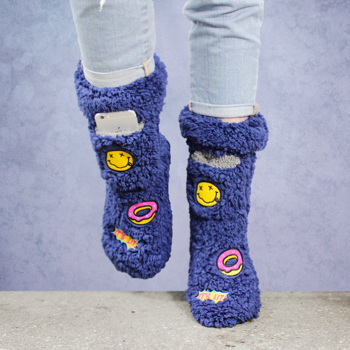 Women's Slipper Sock Cell Phone Pocket Non-Skid Lavender Infused Fuzzy Cat Patches Large/ XL Cream By MinxNY