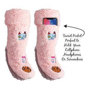 Women's Slipper Sock Cell Phone Pocket Non-Skid Lavender Infused Fuzzy Cat Patches Large/ XL Cream By MinxNY