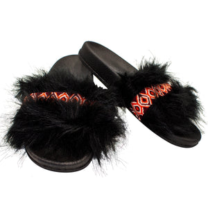 Women's Tribal Bandana Fur Slides, Black, Large By MinxNY