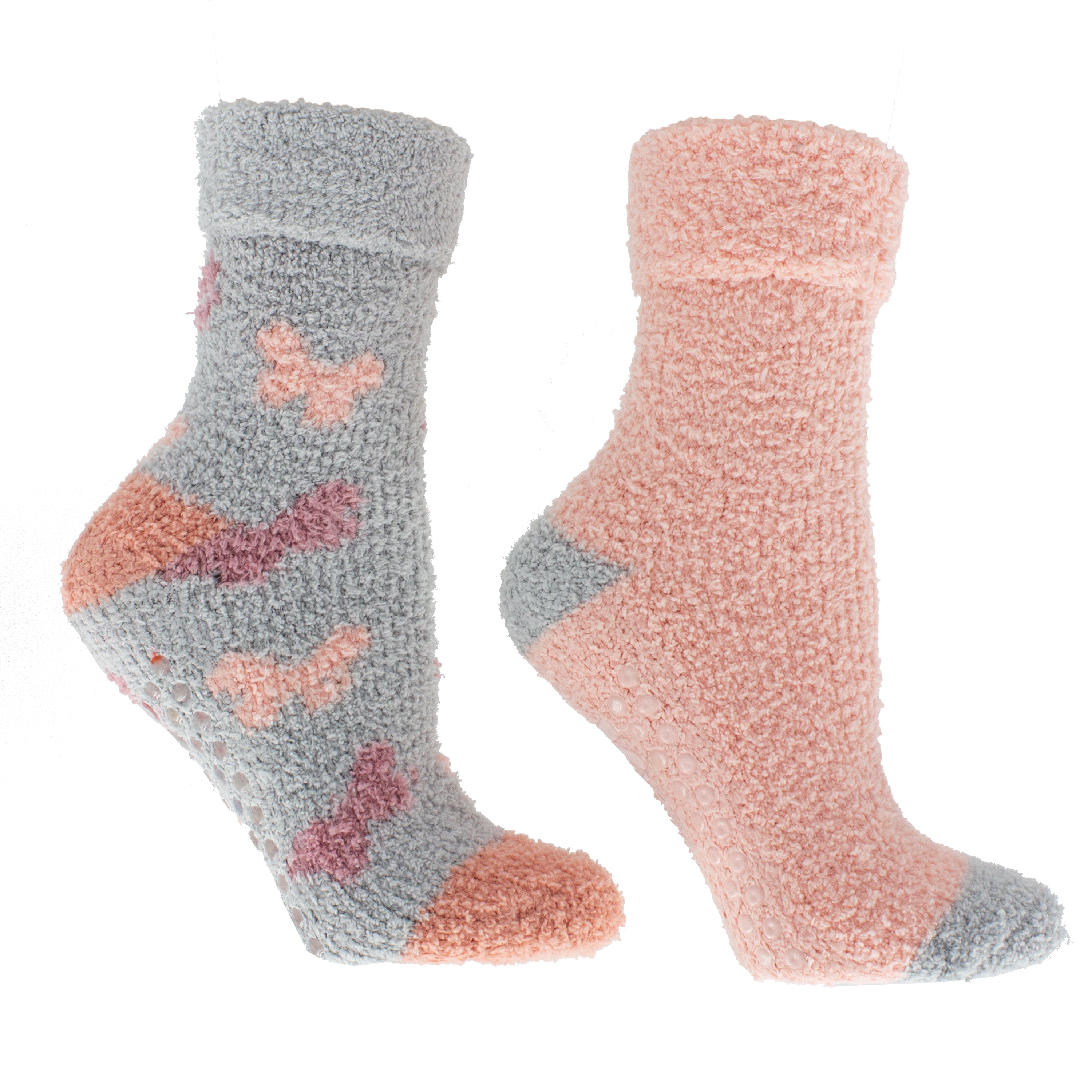 2 Pairs - Non-Skid Soft Fuzzy Rose and Shea Butter Infused Slipper Socks with Sachet Gift