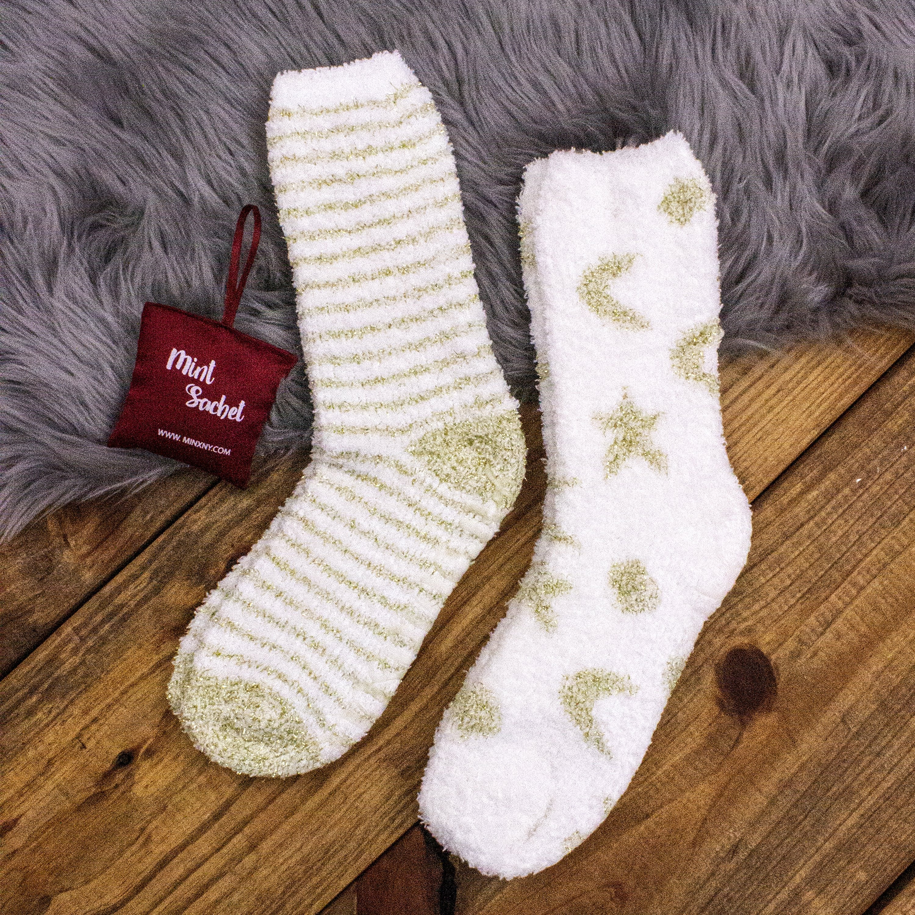 2 Pairs - Non-Skid Warm Soft and Fuzzy Eucalyptus Mint and Shea Butter Infused Slipper Socks with Sachet Christmas Gift