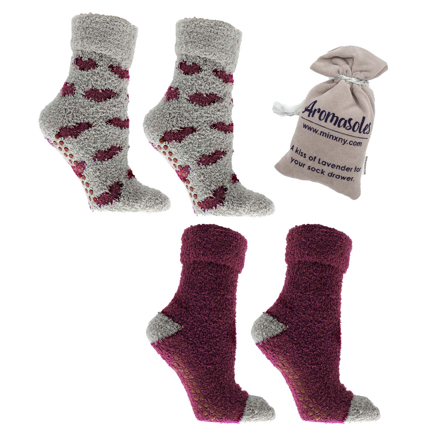 2 Pairs - Non-Skid Chenille Fuzzy Lavender Infused Slipper Socks with Lavender Sachet