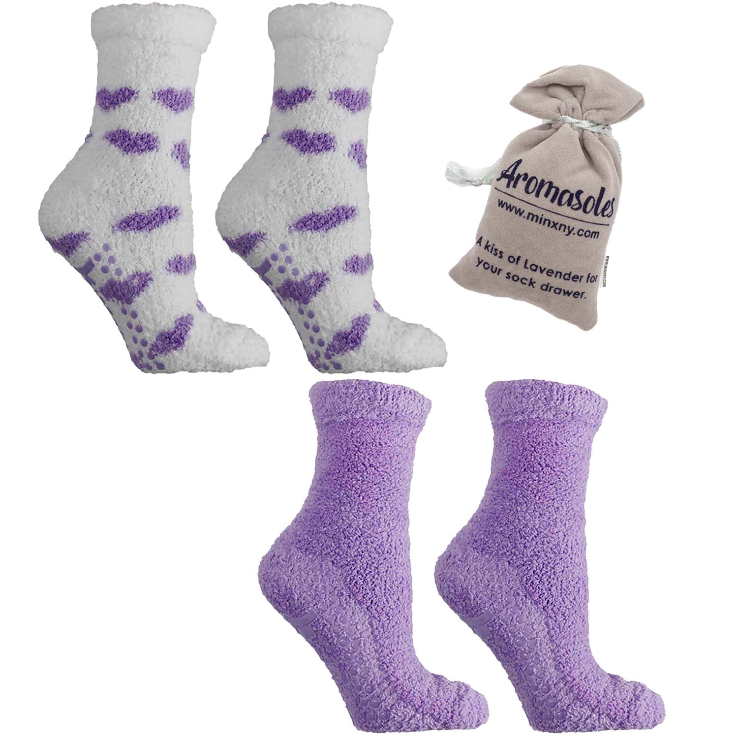 2 Pairs - Non-Skid Chenille Fuzzy Lavender Infused Slipper Socks with Lavender Sachet