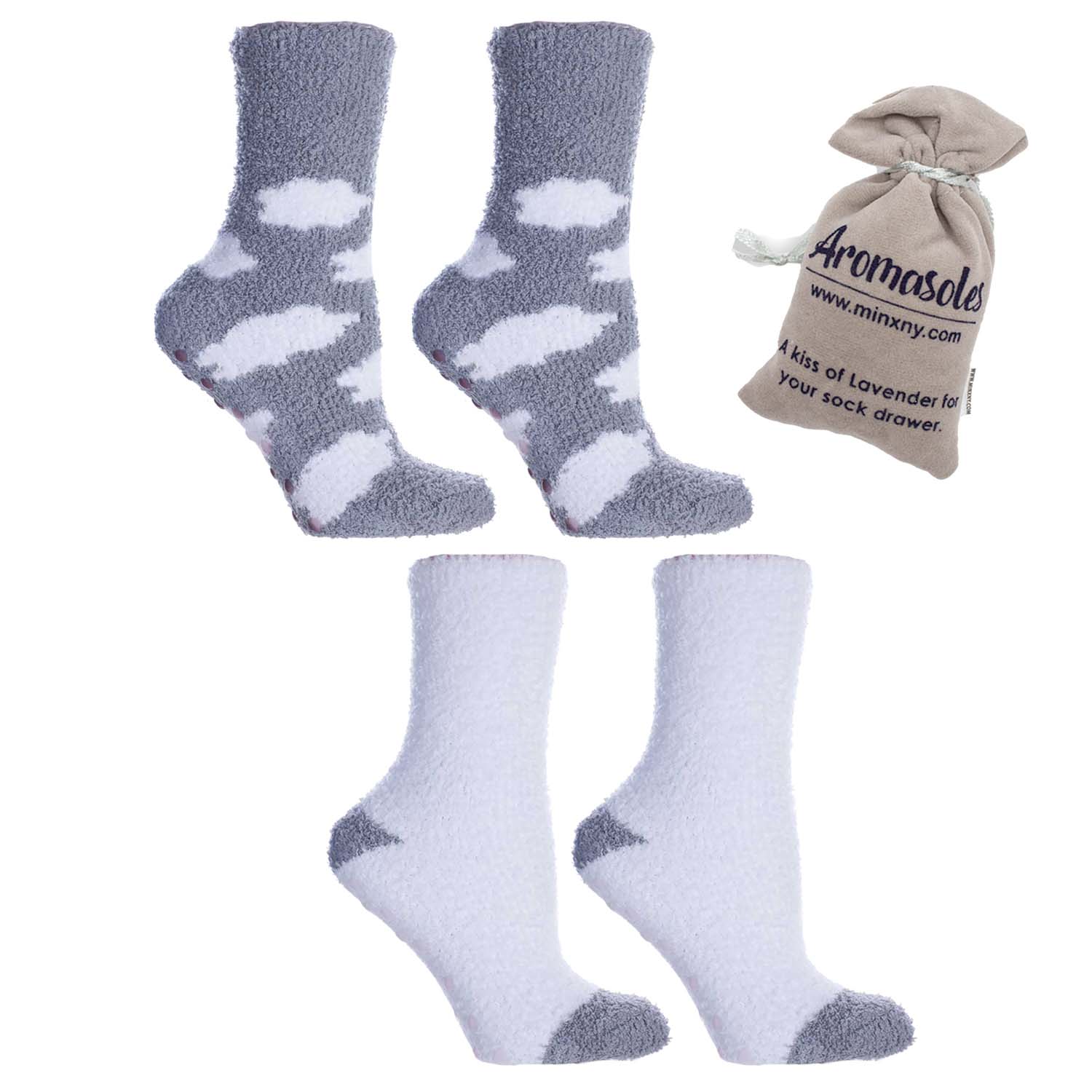 2 Pairs - Non-Skid Fuzzy Lavender Infused Cloud Slipper Socks with Lavender Sachet