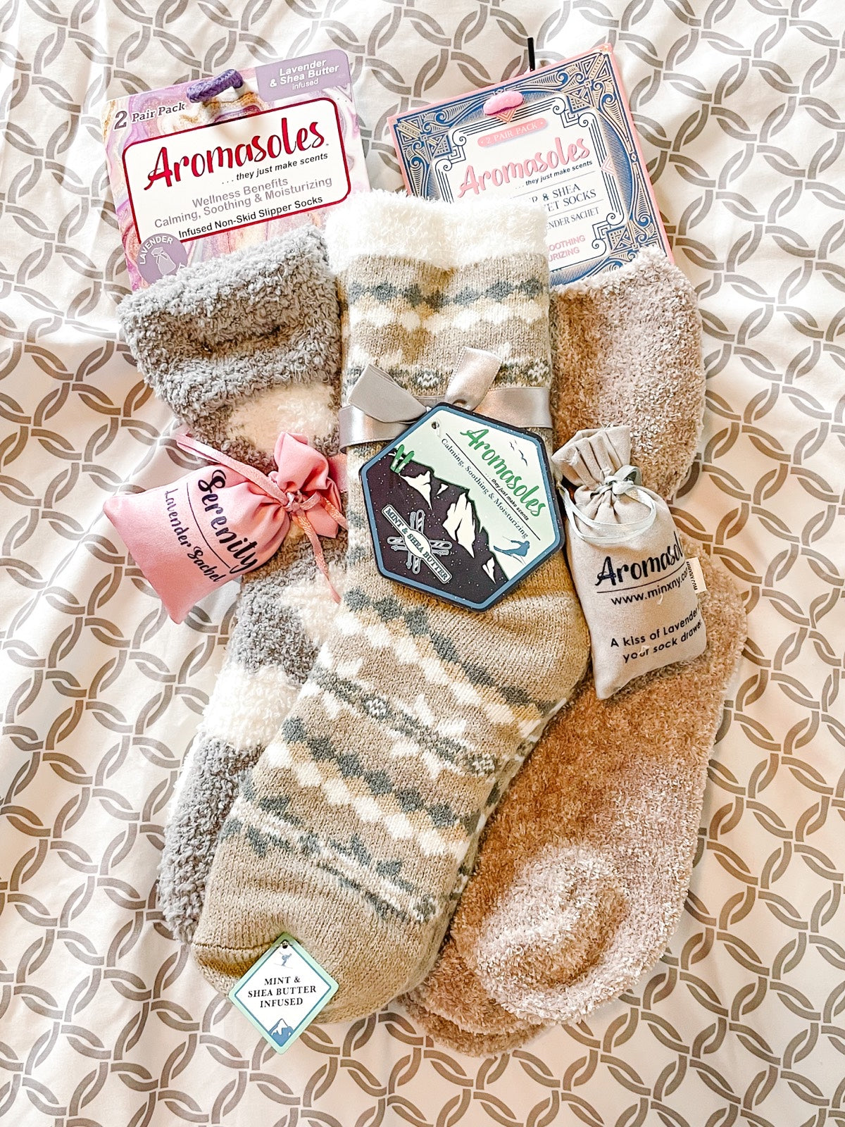 Women's Non-Skid Warm Soft and Fuzzy Rose and Shea Butter Infused 2-Pair Pack Slipper Socks with Sachet Gift, Marled Aqua